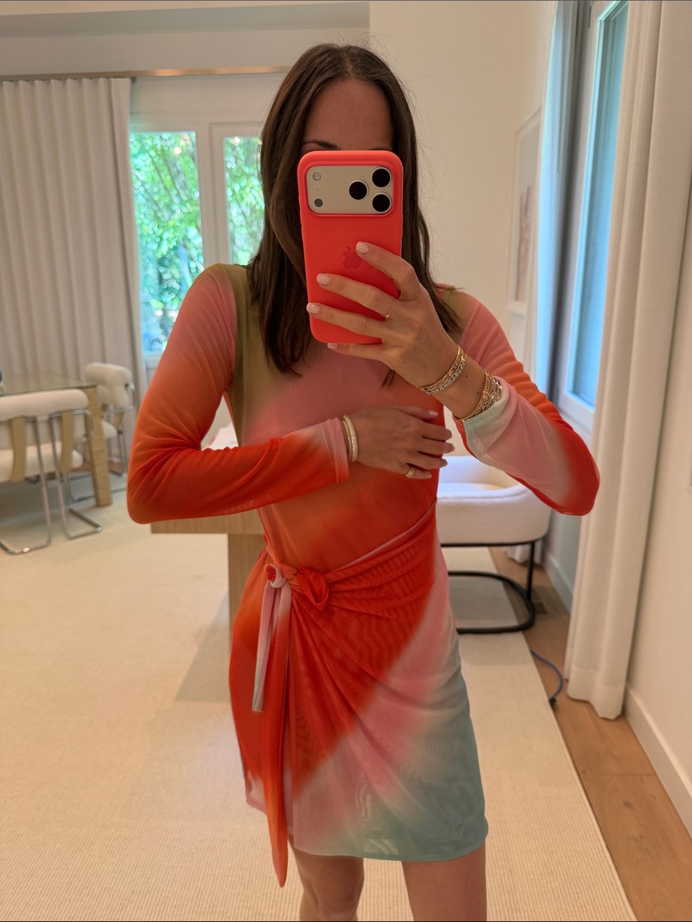 Tie-Waist Ombre Long-Sleeve sheer Mini Dress in Coral, Pink & Aqua
